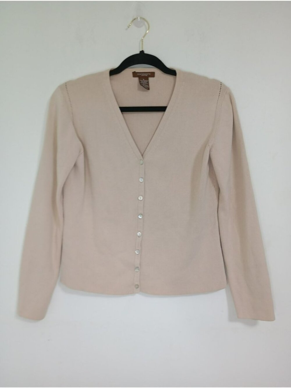 Esperanto Cardigan Button-Up 100%Cotton Women Beige Sweater S V-Neck Long Sleeve